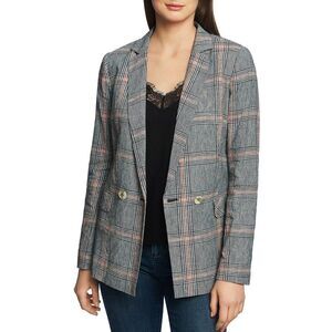 1.STATE Plaid Double-Breasted Linen Blazer Size 12
